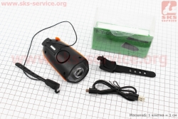 Фонарь передний 1 диод + звонок 2 мелодии, Li-ion 3.7V 1200mAh зарядка от USB, влагозащитный, черно-оранжевый FY-058 (409336)